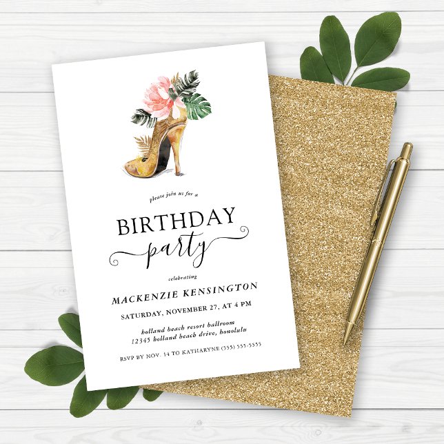 Papier Budget Gold Parties scintillant Floral Talons Anni (Budget Gold Glitter Floral High Heels Birthday Party Invitation)