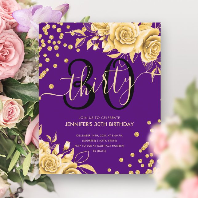 Papier BUDGET Gold Purple Floral Parties scintillant 30e  (BUDGET Gold Purple Floral Glitter 30th Birthday)