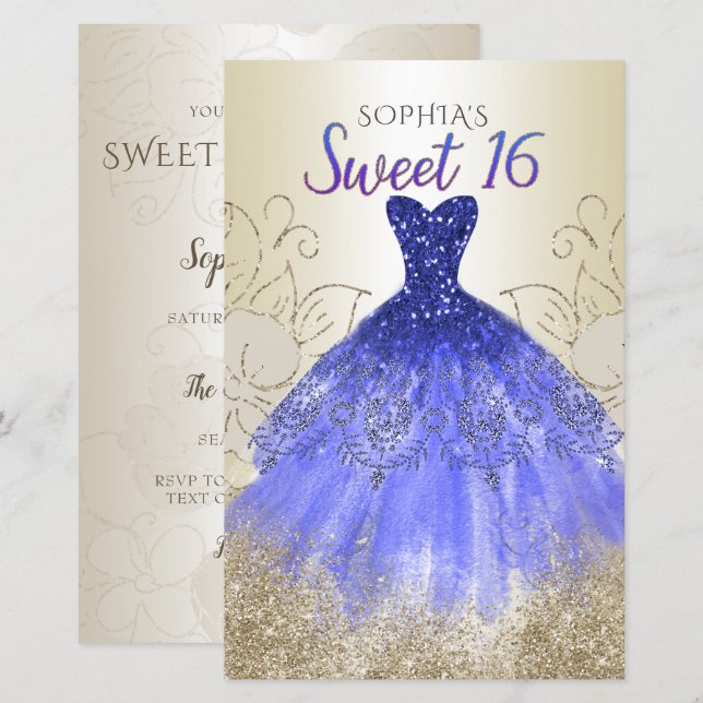 Papier Budget Gold Royal Blue robe Sweet 16 Invitation (Devant / Derrière)