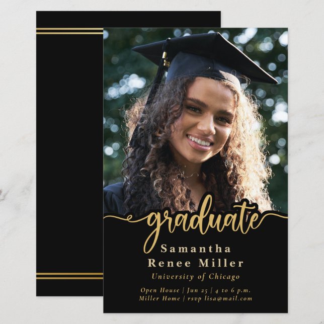Papier Budget Gold Script Photo Graduation Invitation (Devant / Derrière)