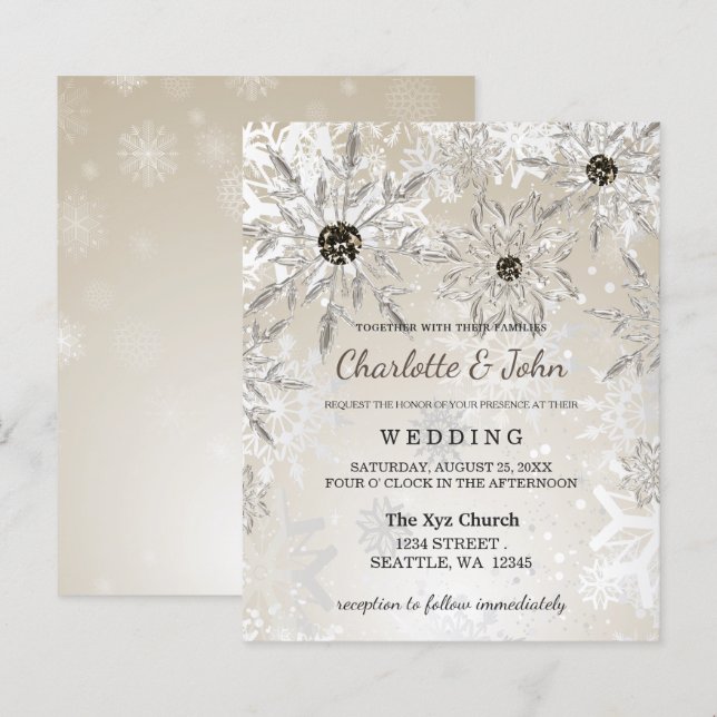 Papier Budget Gold Snowflakes Invitation de mariage d'hiv (Devant / Derrière)