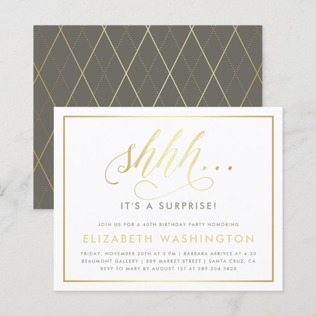 Papier Budget Gold & White Surprise fête d'anniversaire (Devant / Derrière)