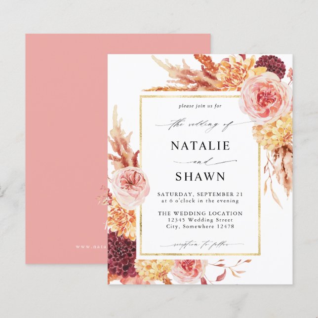 Papier Budget Golden Burgundy Blush rose Mariage Floral P (Devant / Derrière)
