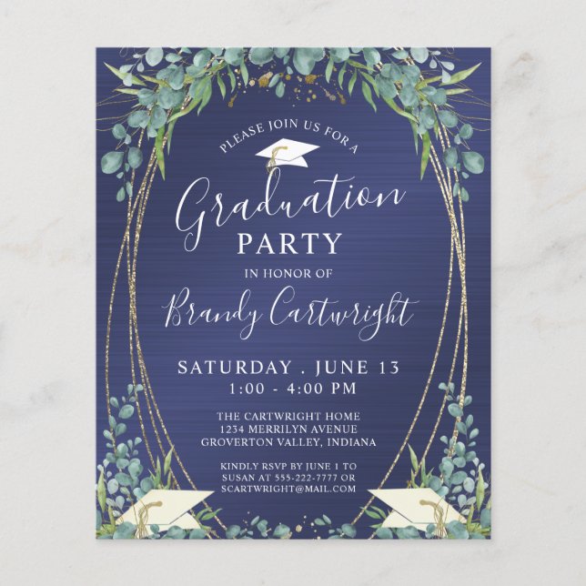 Papier Budget Graduation Marine Bleu Botanique Invitation (Devant)
