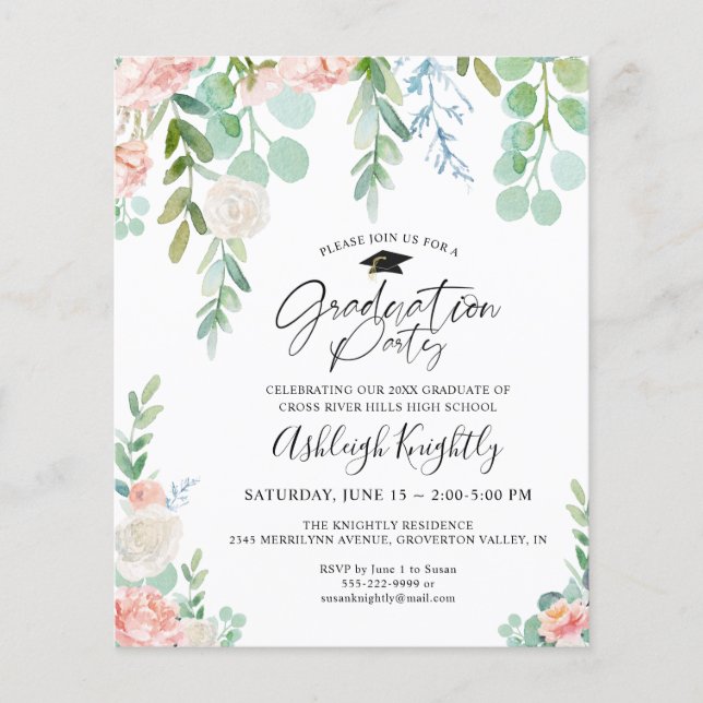 Papier Budget Graduation Party Floral Script Invitation (Devant)