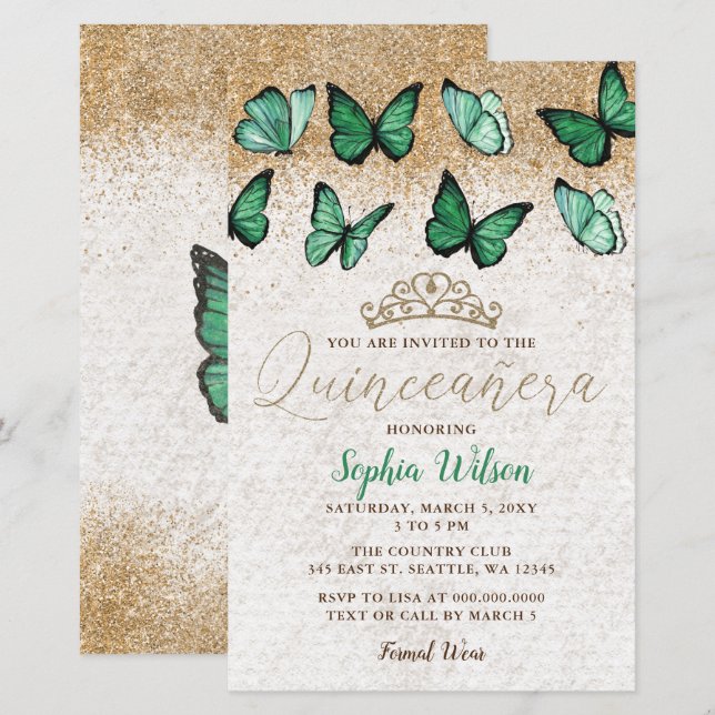Papier Budget Green Butterfly Quinceañera Invitation (Devant / Derrière)