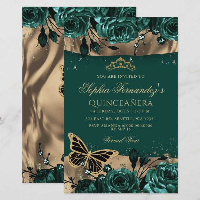 Papier Budget Green Butterfly Quinceañera Invitation (Devant / Derrière)