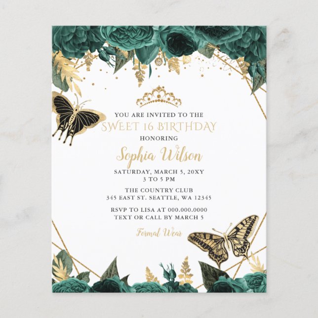 Papier Budget Green Butterfly Sweet 16 Invitation (Devant)
