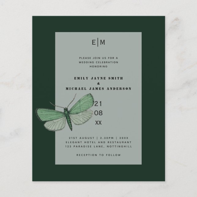 Papier Budget Green Emerald Moth Mariage Invite (Devant)