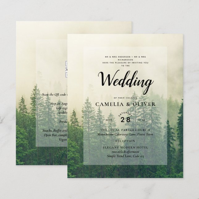 Papier BUDGET Green Forest Pine Trees Mariage INVITER (Devant / Derrière)