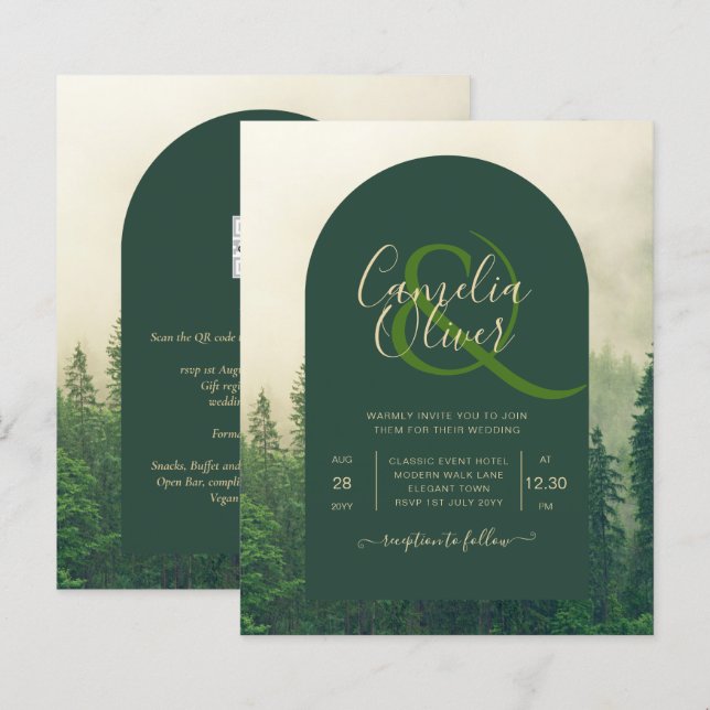 Papier BUDGET Green Forest Pine Trees Mariage INVITER (Devant / Derrière)