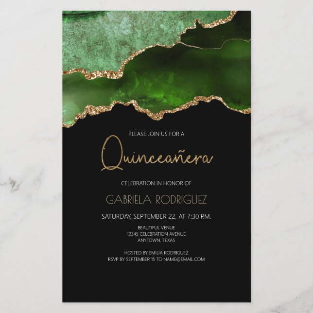 Papier Budget Green Gold Agate Quinceañera Invitation (Devant)