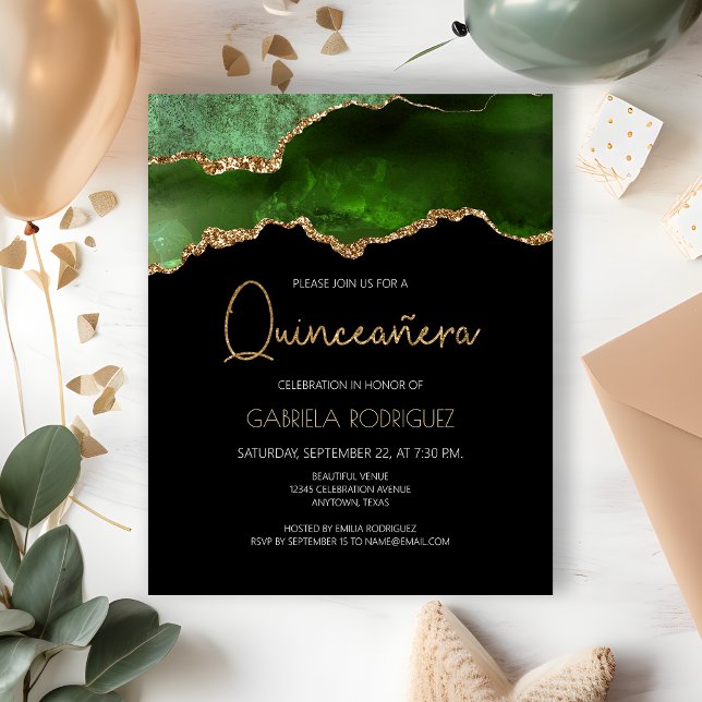 Papier Budget Green Gold Agate Quinceañera Invitation (Créateur téléchargé)