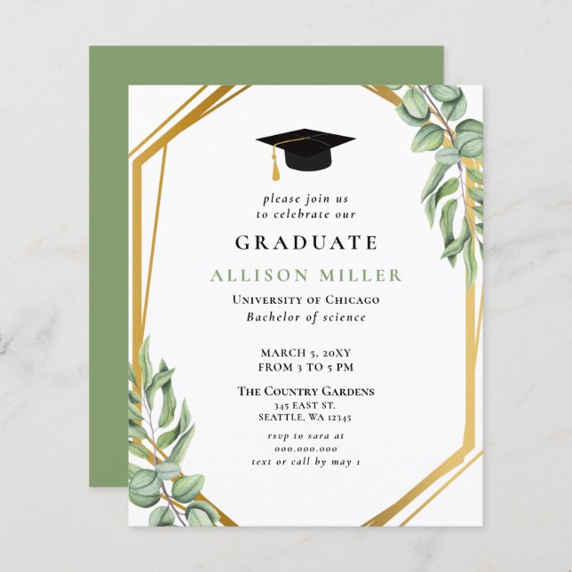 Papier Budget Green Gold Graduation Invitation (Devant / Derrière)