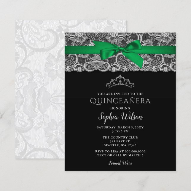 Papier Budget Green Ribbon Lace Quinceañera Invitation (Devant / Derrière)