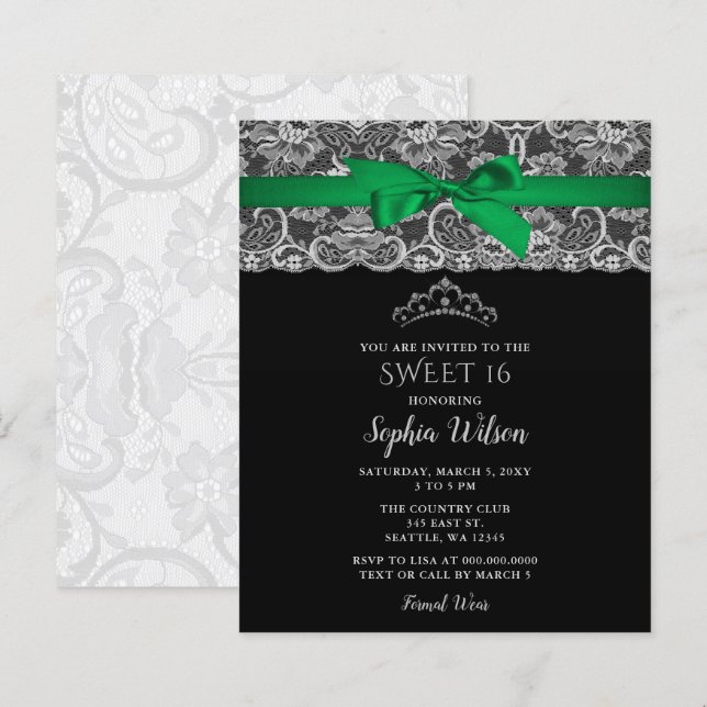 Papier Budget Green Ribbon Lace Sweet 16 Invitation (Devant / Derrière)