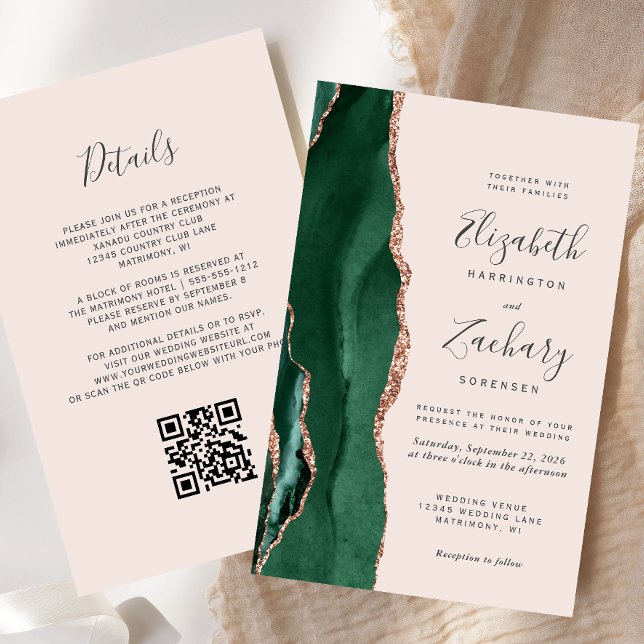 Papier Budget Green Rose Gold Agate Blush QR Code Wedding (Créateur téléchargé)