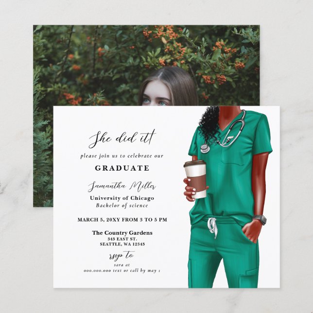 Papier Budget Green Scrubs Infirmière photo Invitation (Devant / Derrière)