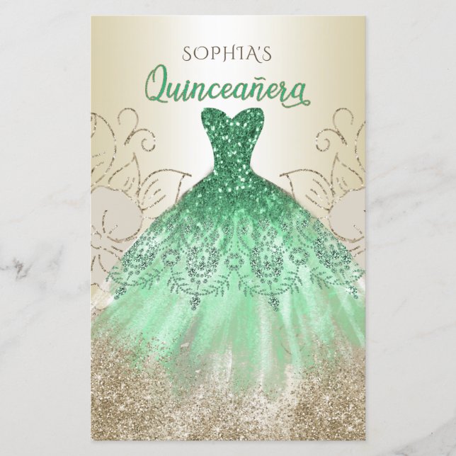 Papier Budget Green Sparkle Robe Quinceañera Invitation (Devant)