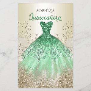 Papier Budget Green Sparkle Robe Quinceañera Invitation