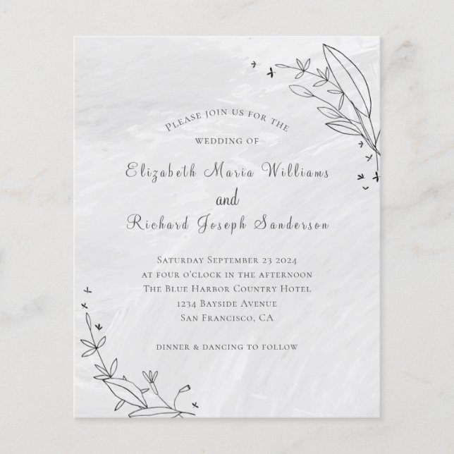 Papier Budget Grey Floral Line Faire-part de mariage d'ar (Devant)
