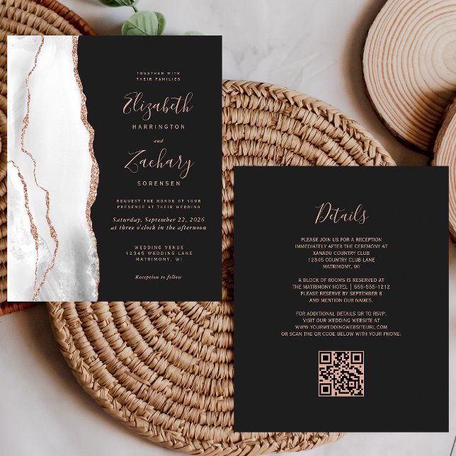 Papier Budget Grey Rose Gold Agate Dark QR Code Mariage (Créateur téléchargé)
