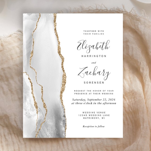 Papier Budget Grey White Gold Agate Faire-part de mariage (Créateur téléchargé)