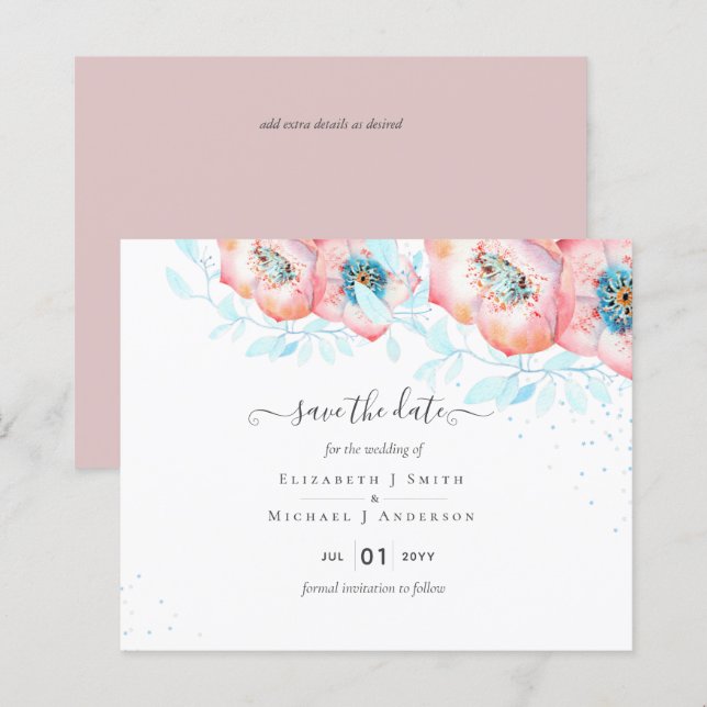 Papier BUDGET Hellebore Turquoise Peach Floral Mariage (Devant / Derrière)