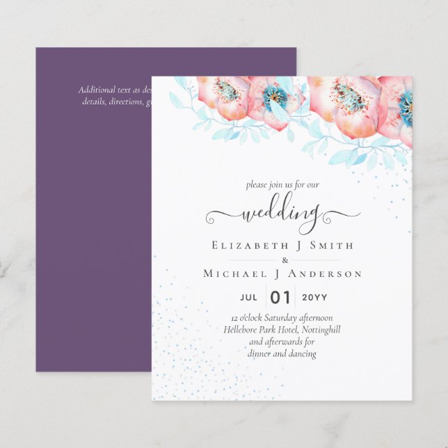 Papier BUDGET Hellebore Turquoise Peach Floral Mariage (Devant / Derrière)