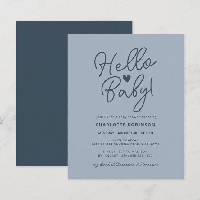 Papier Budget Hello Baby Dusty Baby shower bleu Invitatio (Devant / Derrière)