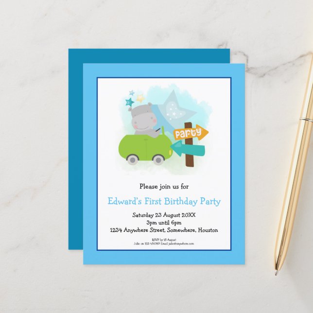Papier Budget Hippo Toddler 1er Anniversaire Fête Invitat (Devant/Arrière en situation)