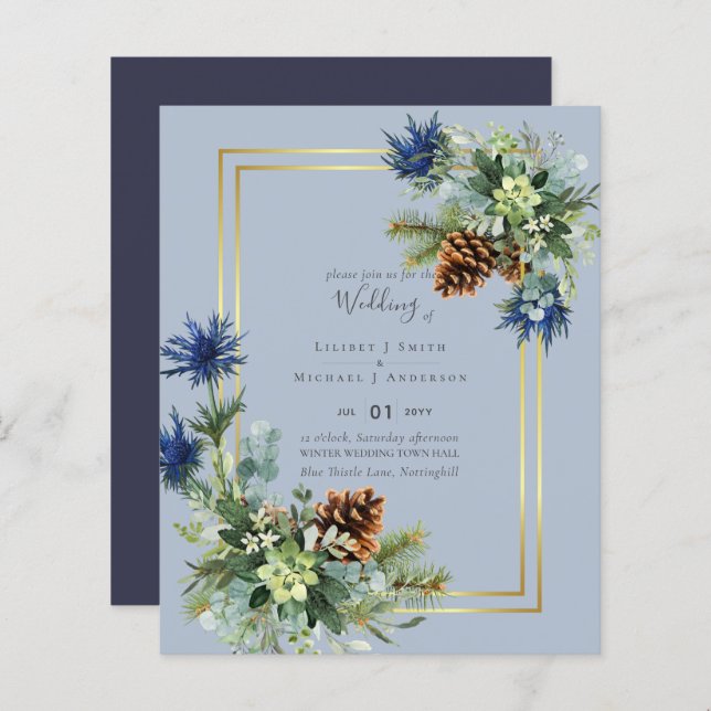 Papier BUDGET Hiver Bleu Chardon Mariage Invite (Devant / Derrière)