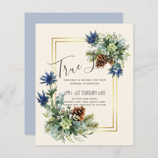Papier BUDGET Hiver Bleu Chardon Mariage Invite (Devant / Derrière)