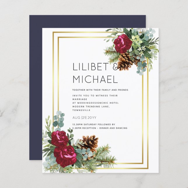 Papier BUDGET Hiver Bleu Chardon Mariage Invite (Devant / Derrière)
