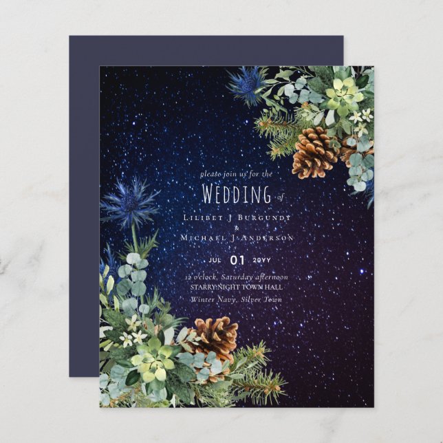 Papier BUDGET Hiver Eucalyptus Pine Cônes Mariage (Devant / Derrière)