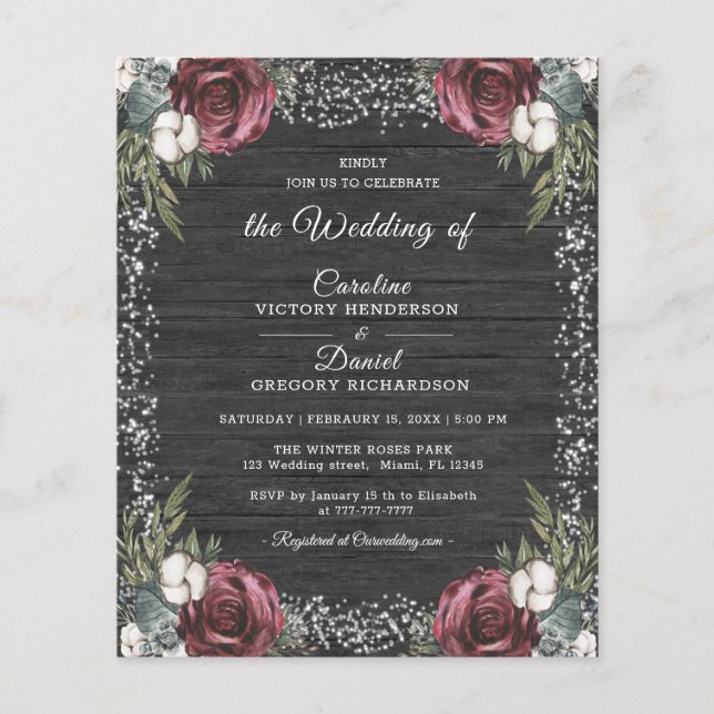 Papier Budget hiver Floral Bourgogne Mariage Circulaire (Devant)