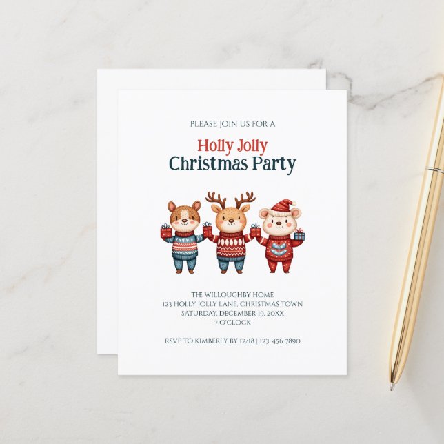 Papier Budget Holly Jolly Fête de Noël Invitation (Devant/Arrière en situation)
