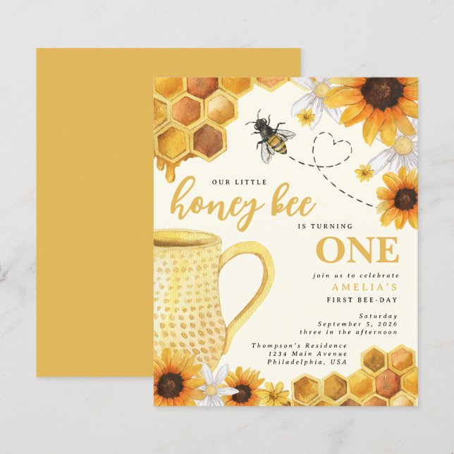 Papier Budget Honey Bee Aquarelle Tournesol 1er anniversa (Devant / Derrière)