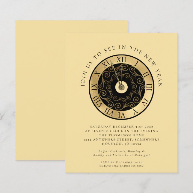 Papier Budget Horloge Or Nouvel An Eve invitation (Devant / Derrière)