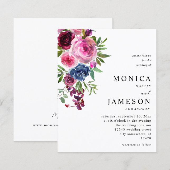 Papier Budget Hot Rose & Marine Blue Floral Mariage 3 (Devant / Derrière)