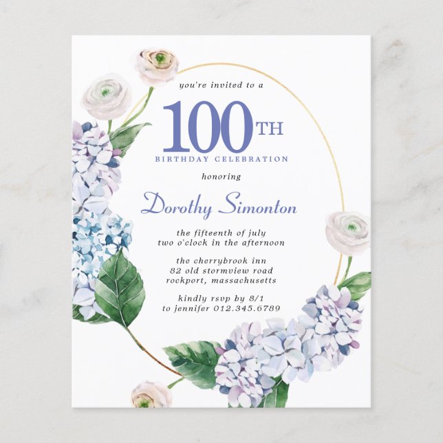 Papier Budget Hydrangea Rose 100e anniversaire Invitation (Devant)