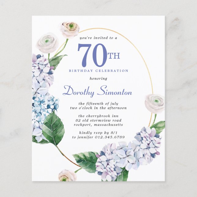 Papier Budget Hydrangea Rose 70e anniversaire Invitation (Devant)