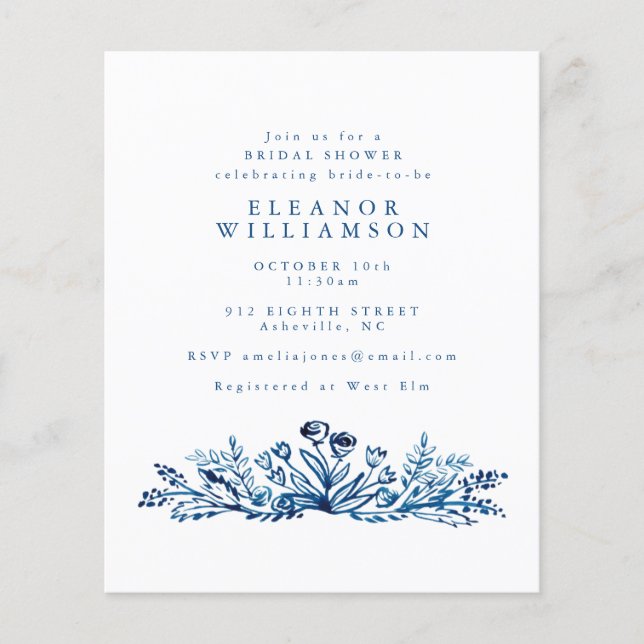 Papier Budget Indigo Blue Enk Floral Fête des mariées Inv (Devant)