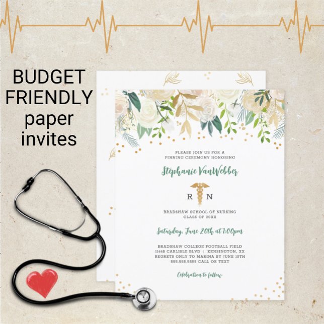 Papier Budget Infirmière Pinning Graduation Or blanc Flor (Créateur téléchargé)