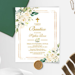 Papier Budget Invitación de Rosas Blancas para Bautizo