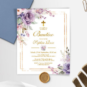 Papier Budget Invitación de Rosas Moradas para Bautizo