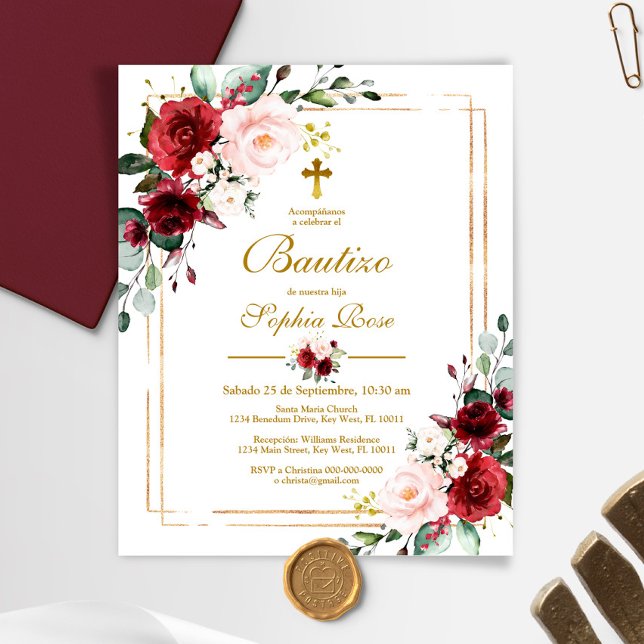 Papier Budget Invitación de Rosas Rojas para Bautizo (Créateur téléchargé)