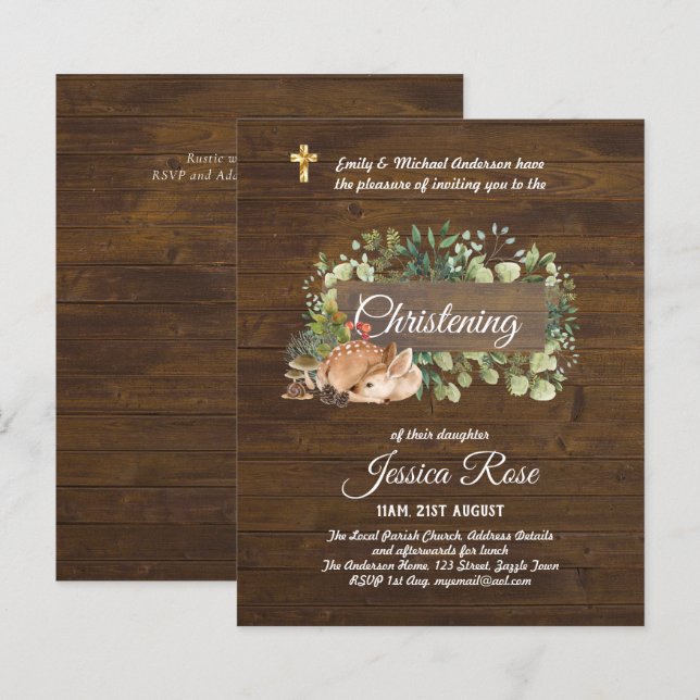 Papier BUDGET Invitation de baptême Champêtre en Bois Rus (Devant / Derrière)