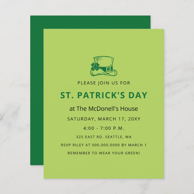 Papier Budget Invitation Jour de la Saint Patrick simple (Devant / Derrière)