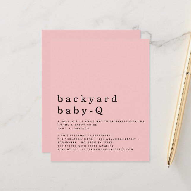 Papier Budget Jardin rose bébé Q BBQ Invitation douche (Devant/Arrière en situation)